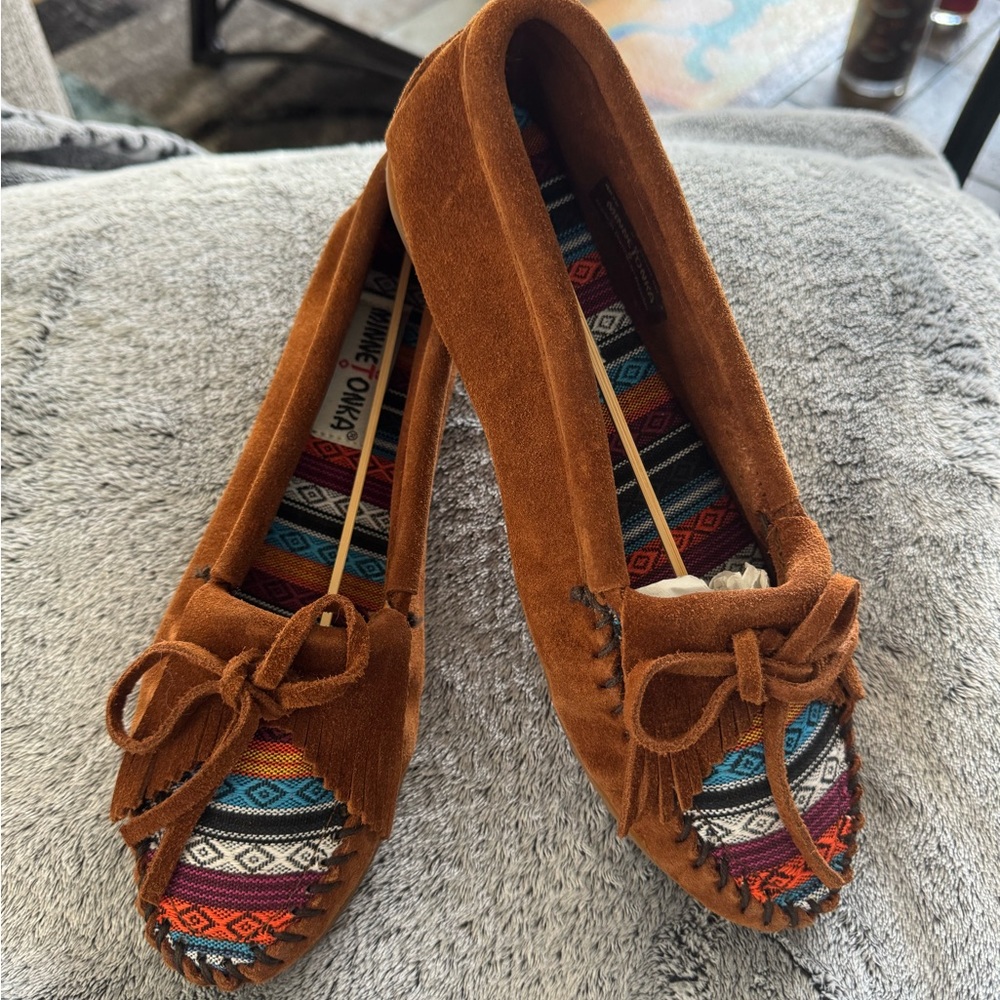 Minnetonka Brown Suede Moccasins with Multicolor Patterned Insole